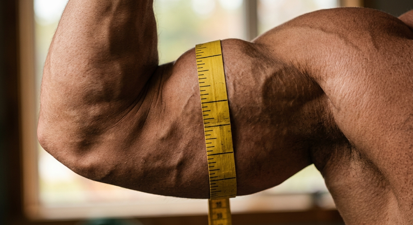 Gros plan d'un mètre ruban enroulé autour d'un bras musclé, montrant la définition musculaire et la texture de la peau.