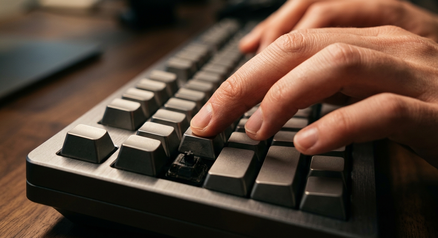 Gros plan des mains tapant sur un clavier, doigts en mouvement, éclairage chaleureux révélant les détails tactiles.