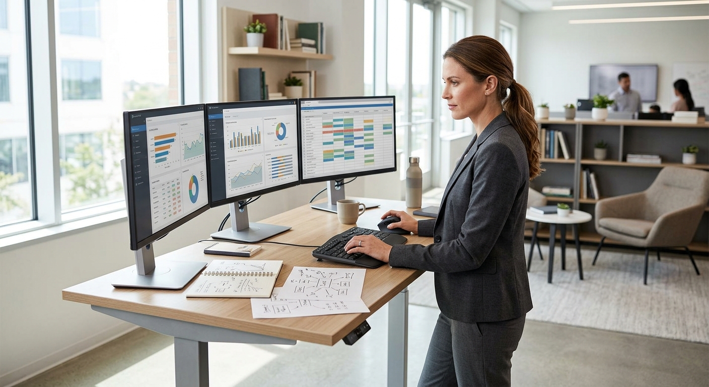 Professionnel travaillant à un bureau moderne avec plusieurs écrans affichant des analyses et calendriers de contenu.