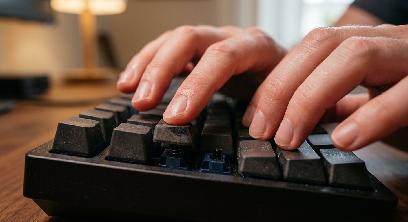 Mains en mouvement tapant sur un clavier mécanique, gros plan détaillé des touches.