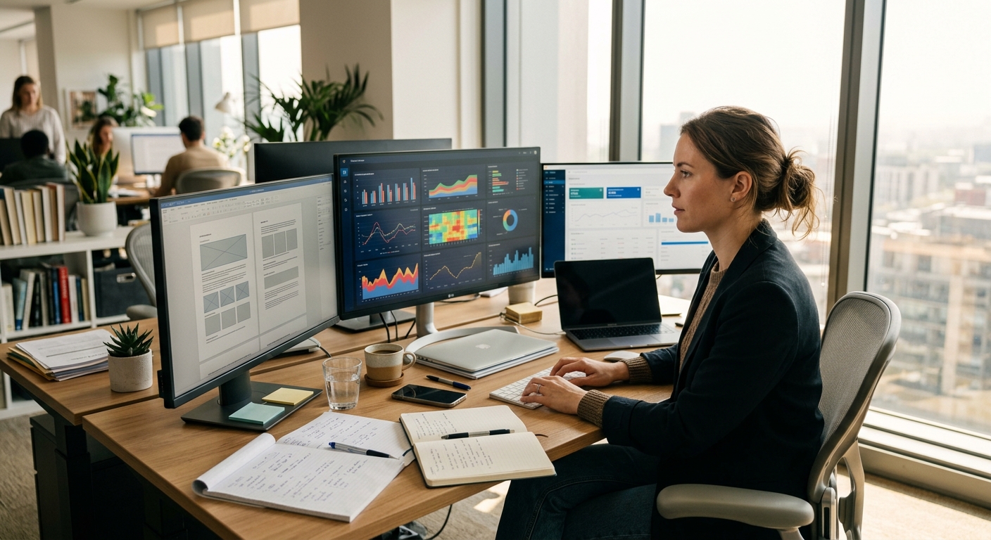 Professionnel travaillant sur plusieurs écrans dans un bureau lumineux avec documents et café.
