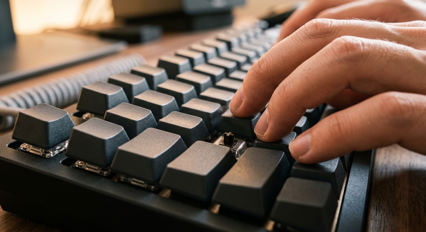 Gros plan des mains tapant sur un clavier mécanique, captures la vitesse et l'efficacité de la création automatisée.