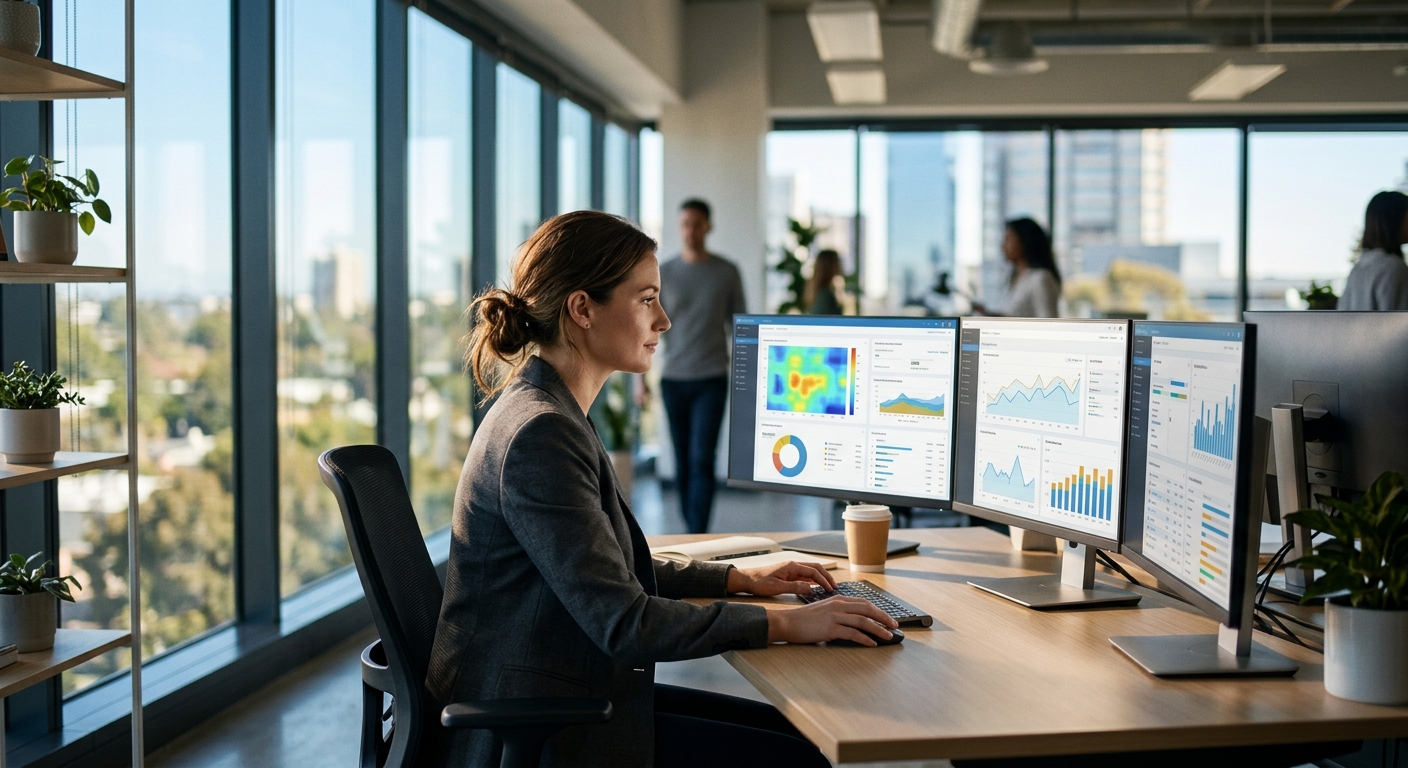 Un professionnel du marketing travaille à un bureau moderne avec plusieurs écrans affichant des tableaux de bord analytiques dans un bureau contemporain bien éclairé.
