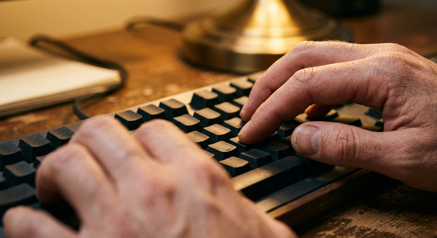 Gros plan des mains d'une personne tapant sur un clavier, illuminées par une lampe de bureau chaude et douce.