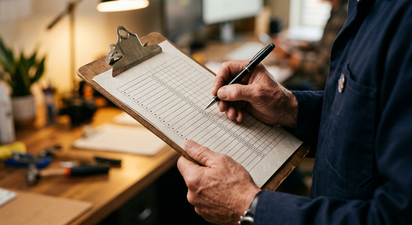 Gros plan des mains d'un superviseur tenant un presse-papiers avec stylo, examinant des tâches.